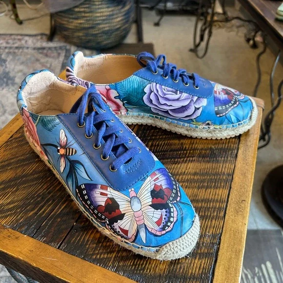 Anuschka Blue Floral & Butterfly Espadrille  Sneakers Boho Art Wear Hand Painted - Picture 8 of 9